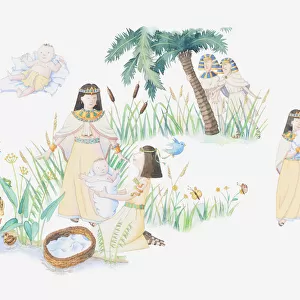 Illustration of a bible scene, Exodus 2, Baby Moses, Moses is left in a basket on the banks of the Nile by his mother, the pharaohs daughter finds him and he becomes her son