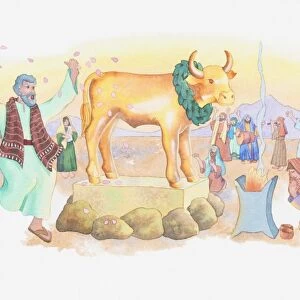 Illustration of a bible scene, Exodus 31-32, Golden Calf, the Israelites worship an idol while Moses is absent on Mount Sinai