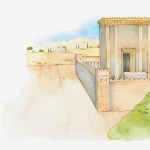 Illustration of a bible scene, Ezra 1-6, King Darius allows the Jews to rebuild the Holy Temple