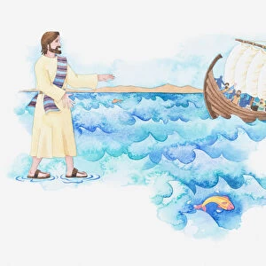 Illustration of a bible scene, Jesus walking on water