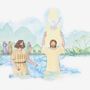 Illustration of a bible scene, Luke 3, John the Baptist baptises Jesus in the River Jordan, God speaks to him and send down his Holy Spirit in the form of a dove