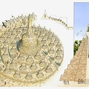 Illustration of Borobodur situated on hill in Java, and Temple of the Giant Jaguar in the Guatemala