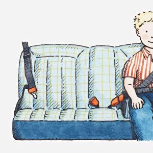 Illustration of boy on car seat with seat belt on
