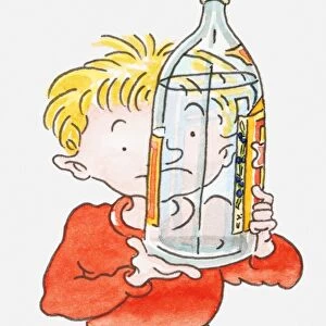 Illustration of boy holding a bottle of alcohol up to his face