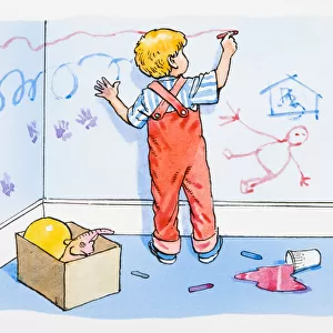 Illustration of boy in messy room scribbling on wall with red crayon, and pink paint spilled on floor behind
