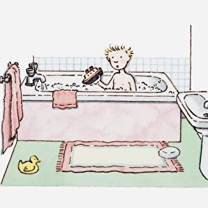 Illustration of boy sitting in bath tub, holding a toy boat in his hand