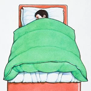 Illustration of boy sleeping in bed below green duvet