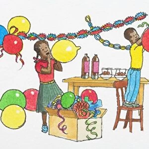 Illustration of boy standing on chair to hang party balloons from streamers and girl inflating balloon