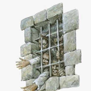 Illustration of British prisoners crowded behind bars
