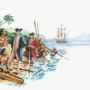 Illustration of Captain Cook arriving in Hawaiian islanders with canoes greeting Captain Cook
