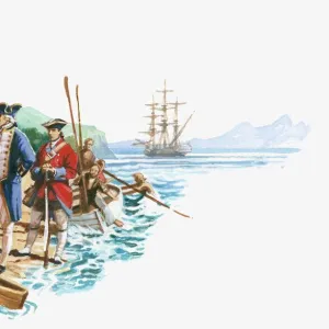 Illustration of Captain Cook arriving in Hawaiian islanders with canoes greeting Captain Cook