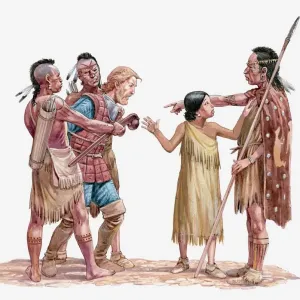 Raffigurazione del capitano Smith che viene preso prigioniero mentre Pocahontas cerca di fermarlo. Raffigurazione del capitano Smith che viene preso prigioniero mentre Pocahontas cerca di fermarlo.