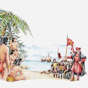 Illustration of Carib and Arawak people greeting Christopher Columbus on his arrival in Caribbean