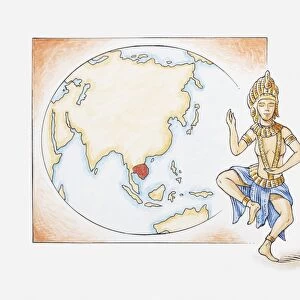 Illustration of celestial dancer Apsara in front of map highlighting ancient kingdom of the Khmers