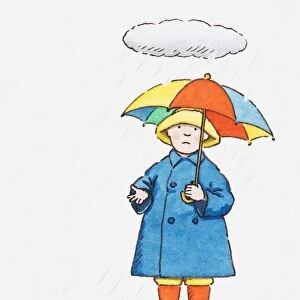 Illustration of a child in rain gear below a cloud, a rubber duck sits in a puddle nearby