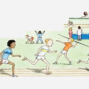 Illustration of children competing in various disciplines at sports event