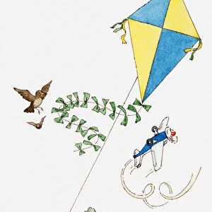 Illustration of children flying kite and a remote-controlled plane