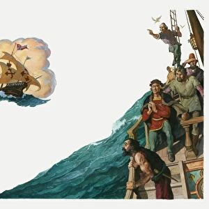 Illustration of Christopher Columbus in the Santa Maria ship and his crew looking for land