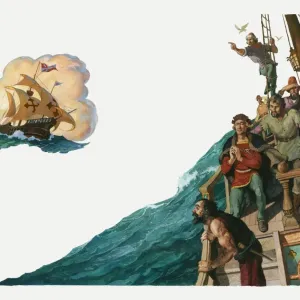 Illustration of Christopher Columbus in the Santa Maria ship and his crew looking for land Illustration of Christopher Columbus in the Santa Maria ship and his crew looking for land