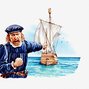 Illustration of Christopher Columbus shouting, shaking his fist and pointing at ship, the Pinta, out at sea
