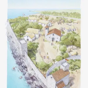 Illustration of the city Columbus began to build when he returned to Hispaniola Illustration of the city Columbus began to build when he returned to Hispaniola
