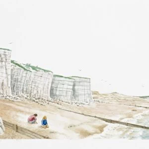 Illustration of coastline with lighthouse atop white cliffs, sea, and people sitting on beach below