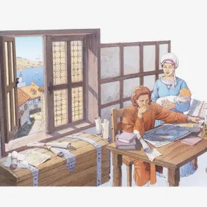 Illustration of Columbus at home with his wife and baby boy, studying maps of the Atlantic Illustration of Columbus at home with his wife and baby boy, studying maps of the Atlantic