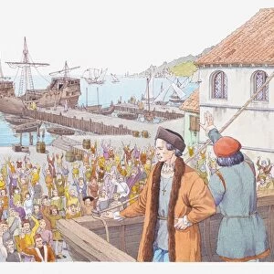 Illustration of Columbus returning to Spain in 1493, greeted by cheering crowds