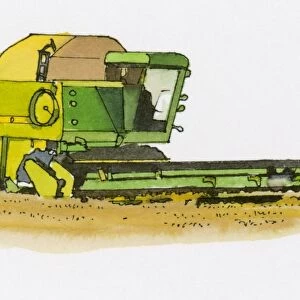 Illustration of combine harvester harvesting grain crop