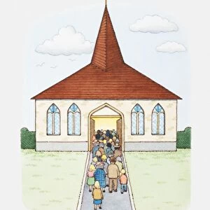 Illustration of congregation flocking into church