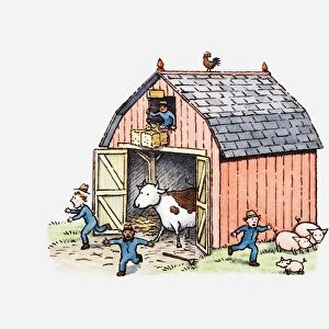 Illustration of cow emerging from a barn and people running away