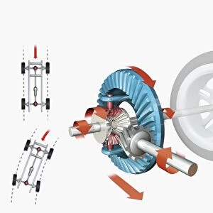 Illustration of differential gearing on a car wheel