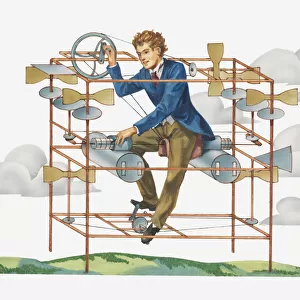 Illustration of Dr W Ayres pedal flying machine, 1885