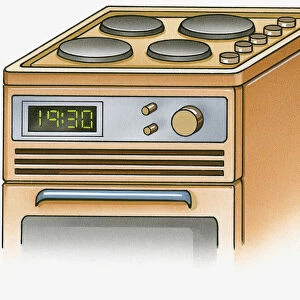Illustration of electric range cooker with ceramic plate hobs, knobs, and digital clock