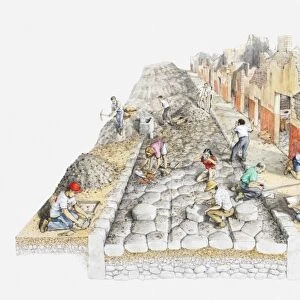 Illustration of excavation work in ancient city of Pompeii