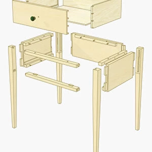 Illustration of exploded view of bedroom table with drawer