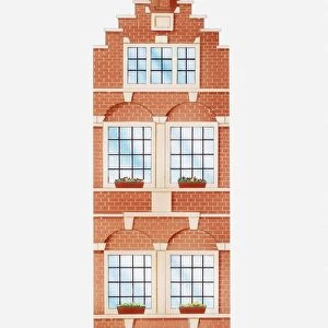 Illustration of facade of typical Amsterdam house with stepped gable