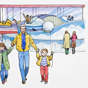 Illustration of father walking with children at amusement park