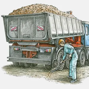 Illustration of female manual worker standing behind tipper truck holding spade