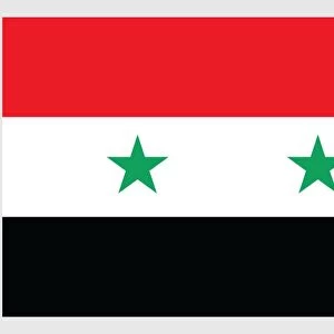 Illustration of flag of Syria, a horizontally striped red, white and black tricolor with two green five-pointed stars in center of white stripe