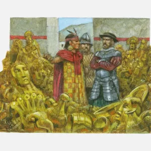 Illustration of Francisco Pizarro standing next to Inca Emperor Atahualpa in room full of gold