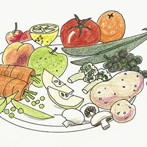 Illustration of fruit and vegetable, including mushrooms, beans, carrots, potatoes, tomato, orange, apple, lemon, cherry, peas, peach, grapes, and cauliflower