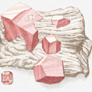 Illustration of garnet in rough form and cut crystal