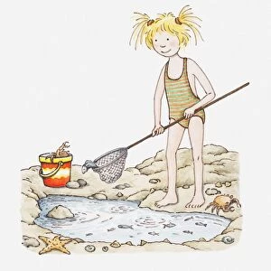 Illustration of a girl fishing in a rock pool