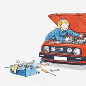 Illustration of a girl and another mechanic repairing a car