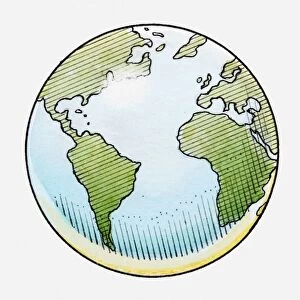 Illustration of globe showing North and South America, Africa, Europe and Atlantic Ocean