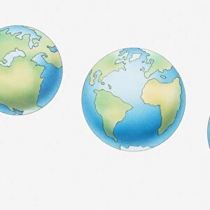 Illustration of three globes and development of continents, 200 million years ago, 50 million years ago, and present day
