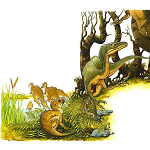 Illustration of green dinosaur at feet of large, predatory bipedal theropod, with small Hypsilophodon dinosaur hiding in leaves, and pair of dinosaurs standing in lake