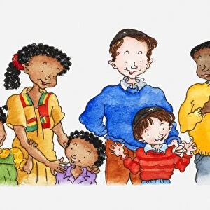 Illustration of a group of people of different ethnicities, a father with son, and a mother and father with two children
