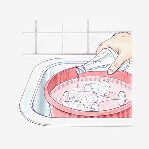 Illustration of a hand adding a little vinegar to a washing-up bowl containing glasses in order to cut through grease to clean